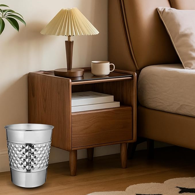Monarch Abode Nickel Chrome Handcrafted Geometric Embossed Metal Wastebasket for Home, Decorative Waste Basket, Modern Bathroom Garbage Can, Durable & Decorative Trash Bin, Nickel Chrome Trash Can