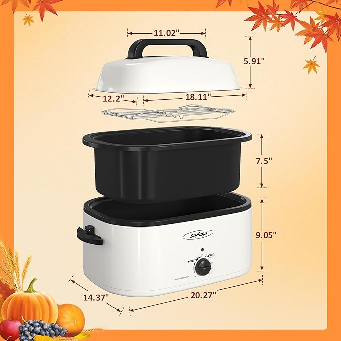 Sunvivi 26 Quart Electric Roaster Oven with Glass Lid, Turkey Roaster Oven Buffet with Self-Basting Lid, Removable Pan, Cool-Touch Handles, White