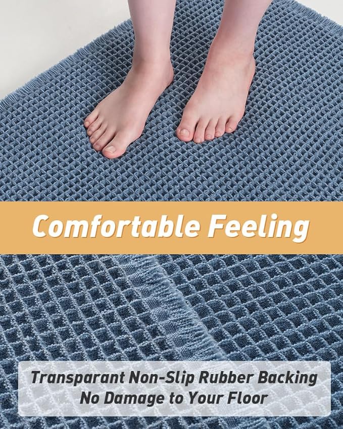 AMOAMI Upgraded Waffle Runner Rug Super Absorbent Non Slip Bath Mats for Bathroom Machine Washable Bathroom Runner Rug with Tassels, Ideal for Hallway Bedroom Laundry Room, 17" x 48", Blue