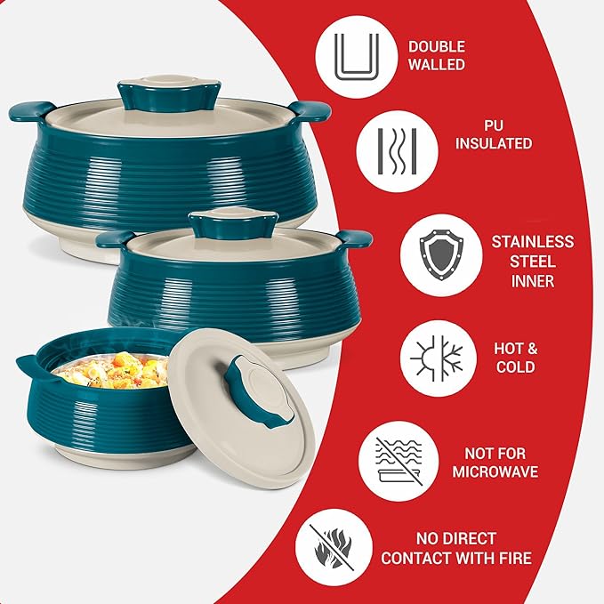 Milton Casserole for hot food, Double walled insulated inner Stainless Steel hot pot with lid, Serving box for food and roti, insulated serving bowl with lid, Set of 3 Venice, Marble Green