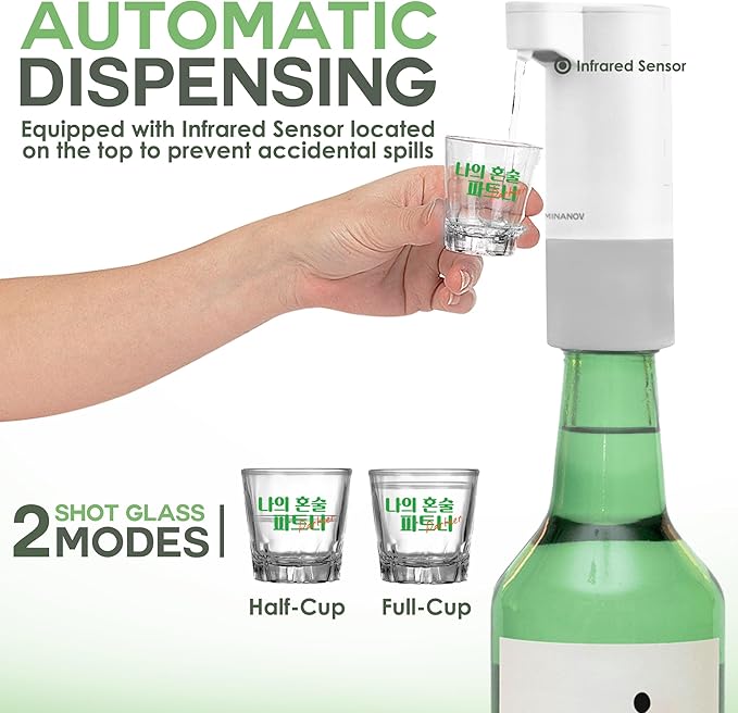 Soju Dispenser - Battery Powered Automatic Dispensers - Easy To Clean, BPA Free One Touch Korean Soju Dispenser with 2 Shot Glasses- Ideal for Parties So-Ju Drinkers, KBBQ Lovers