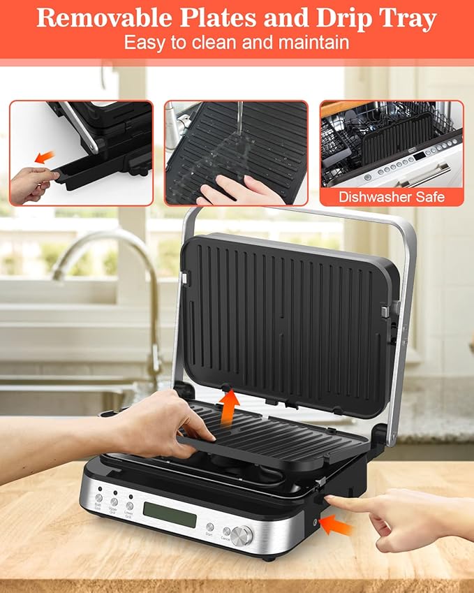 Panini Press Grill Sandwich Maker with Removable Plates, 5 in 1 Smokeless Indoor Grill & Griddle with Meat Thermometer, CATTLEMAN CUISINE Electric Contact Grills for Kitchen, Stainless Steel, 1600W