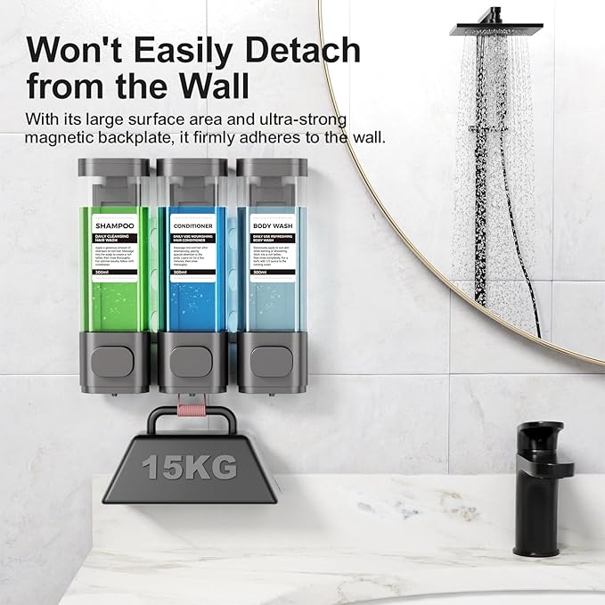 3-Chamber Wall Mounted Shampoo and Conditioner Dispenser,300ML Each Shower Soap Dispenser,Easy Refill,No Drip,Ideal for Shampoo,Conditioner,Body Wash for Bathroom Kitchen Hotel
