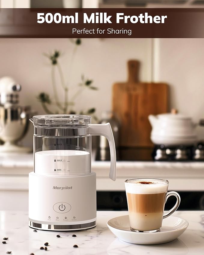 Electric Milk Frother and Steamer, 16.9oz/500ml Milk Steamer and Frother for Latte, Dishwasher Safe, BPA Free, 4 Functions, Enjoy Perfect Milk Froth in 2 Min - White