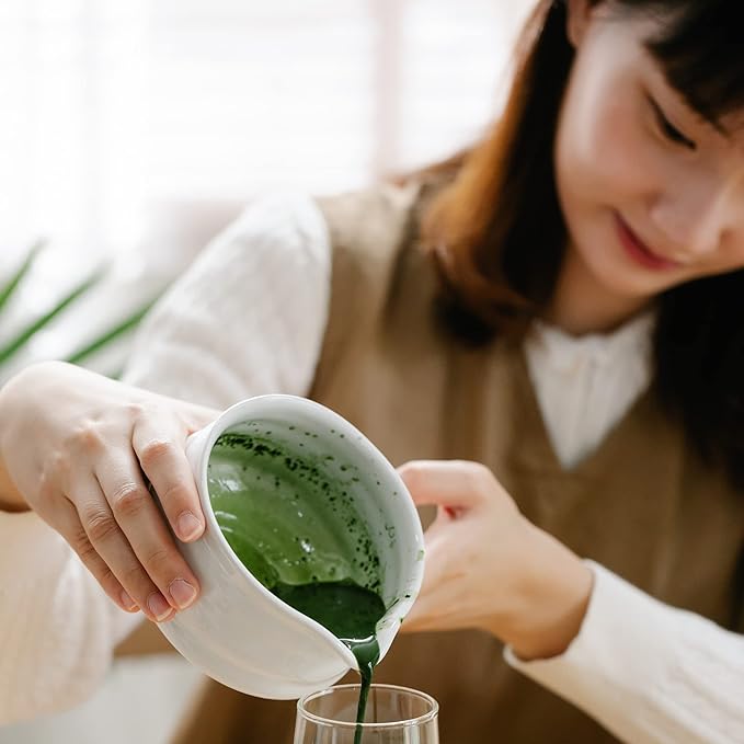 Matcha Whisk Set- Matcha Set includes Matcha Whisk and Bowl with Spout, Sifter, Holder and Scoop- The Perfect Bamboo Whisk for Matcha Tea (White)