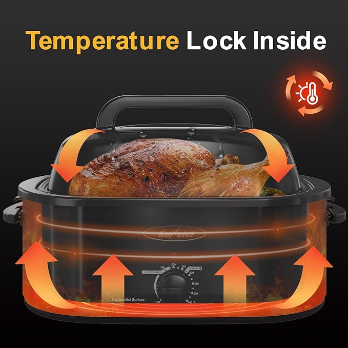 Roaster Oven, Electric Roaster Oven with Viewing Lid, Large Roaster with Removable Pan & Rack, Turkey Roaster with Unique Defrost/Warm Function, Stainless Steel, Black, 26QT