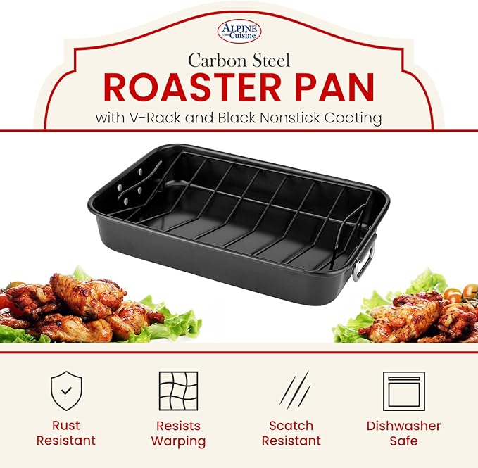 Alpine Cuisine Turkey Roaster Pan with Rack 16-Inch - Nonstick Coating Carbon Steel Pan - Black & Heavy Duty Roasting Pan - Easy to Clean, Multipurpose Use - Durable & Dishwasher Safe
