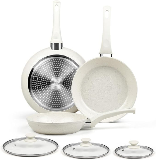 Ceramic Nonstick Frying Pan Set - White Pans With Lids, Induction Skillets for Eggs & Omelets, Healthy No Toxic Cookware, PFOA&PFAS Free