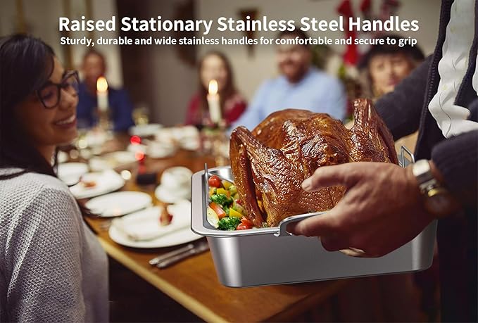 Skyflame Roasting Pan with Rack for Turkey, Stainless Steel Silver Rectangular Barbecue Bakeware Roaster Pan with Nonstick U-Rack for Indoor/Outdoor Oven Cooking