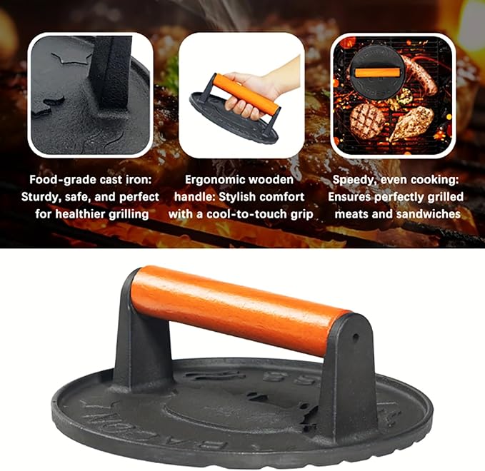 Burger Press 7.2 inch Round Professional Heavy Duty Cast Iron Hamburger Smasher Tool for Blackstone Griddle Grill,Smashburger, Bacon, Ground Beef Meat, Steak, Sausage, Sandwich Cooking