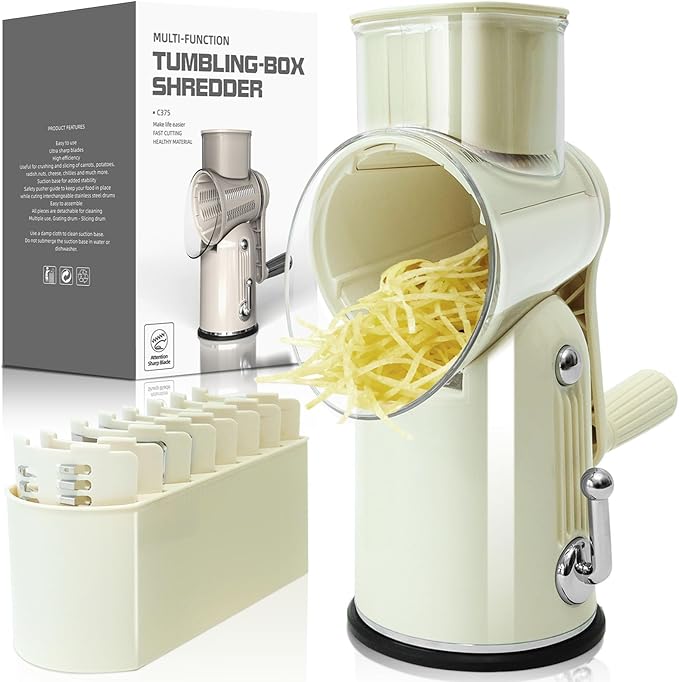 Rotary Hand Crank Cheese Grater, 5-in-1 Replaceable Stainless Blades Vegetable Shredder with Handle and Strong Suction Base, Easy-Clean Multipurpose Kitchen Slicer with Blade Storage Box(White)