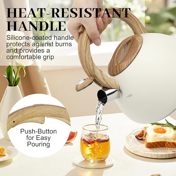 MARSKITOP Tea Kettle Tea Pot for Stove, 2.6 Quart Loud Whistling Teapot for Stovetop, Food Grade Stainless Steel Water Kettle Stovetop with Anti-Hot Handle, Cream White