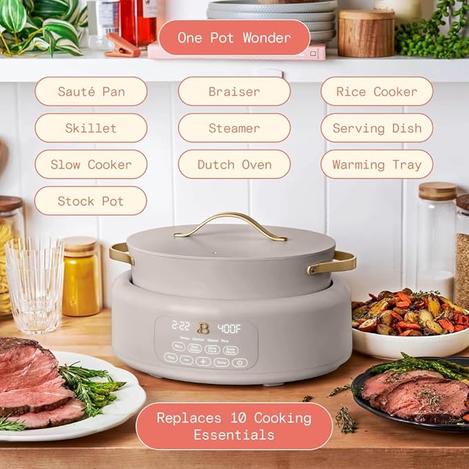 Beautiful 10-in-1 Electric Multi-Cooker by Drew Barrymore, 6-quart, digital display, 10 cooking functions, non-stick pot, easy one-touch control (Porcini Taupe)