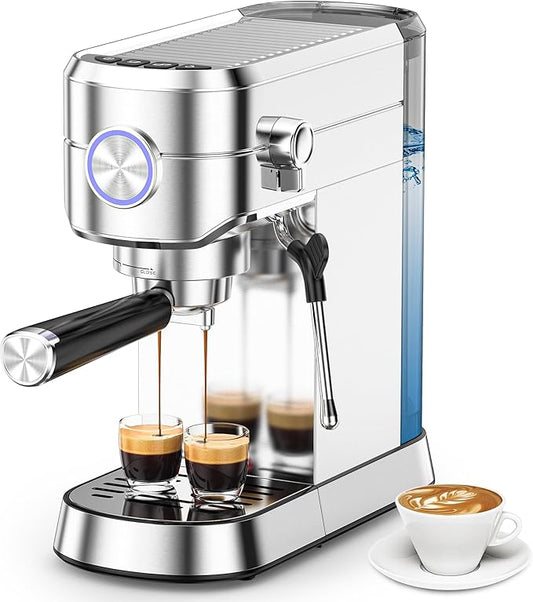 Kndko Espresso Machine, 20 Bar Espresso Maker with Milk Frother, Compact Stainless Steel Coffee Machine with 40.5oz Removable Water Tank for Cappuccino, Latte