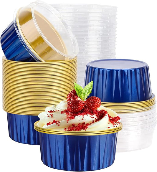 EUSOAR Disposable Ramekins with Lids, Royal Blue 50pcs 5oz Creme Brulee Ramekins Disposable, Muffin Liners Cups，Mini Cheesecake Foil Pans Dessert Containers with Lids for Party Favor Birthday