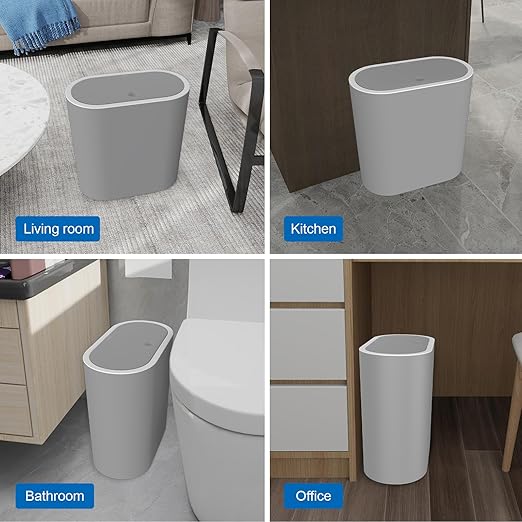 Naisu 15 Liter Rectangular Plastic Trash Can Wastebasket with Press Type Lid,4 Gallon Slim Plastic Trash Bin, Trash Can Waste Bins for Bedroom, Bathroom, Office, Kitche, Powder Room（Grey）