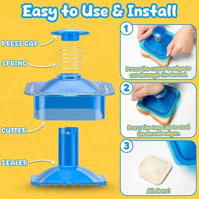 Sandwich Cutter and Sealer Cut and Seal Sandwich Maker, Crustless Peanut Butter & Jelly Sandwich Cookie Cutter (Translucent Blue Square)