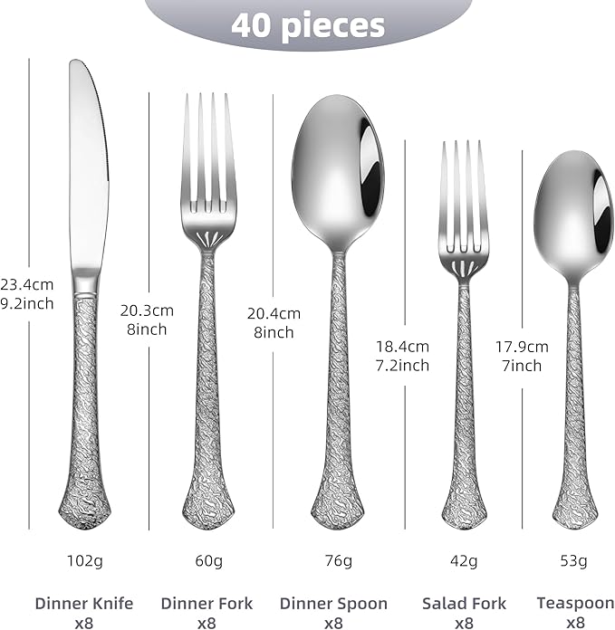 40-Piece Hammered Silverware Set for 8, Heavy Duty Flatware Set 18/10 Stainless Steel, Dishwasher Safe, Ideal for Gift