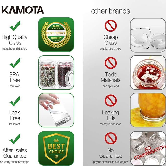 KAMOTA DIY Glass Mason Jars With Bands, 8 oz, Ideal for Jam, Spice, Honey, Wedding , Shower Favors, 12 PACK, Extra 12 Regular Lids & 20 Whiteboard Labels