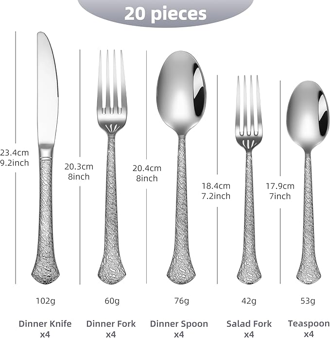 20-Piece Hammered Flatware Set for 4, 18/10 Stainless Steel Silverware Set, Heavy Duty Cutlery Set, Dishwasher Safe, Fancy Elegant Gift
