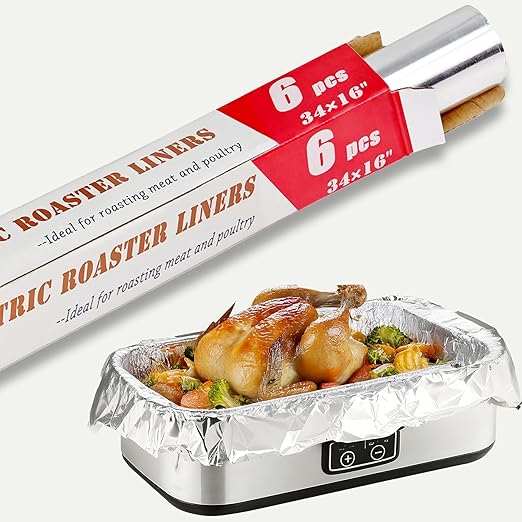 6 Foil Electric Roaster Liners, Disposable, Roaster Liners Fits 16, 18, and 20 Quart Electric Griddles, Ideal for Roasting Meats and Poultry, Food Grade Aluminum Foil, Instant Clean Up