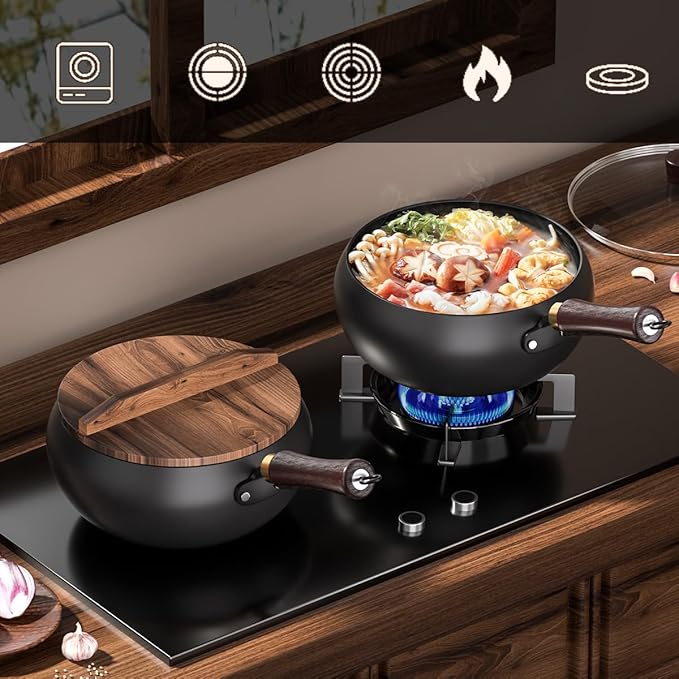 Pure Iron Wok, Uncoated Heats Evenly Multi-Purpose Frying Pan, Suitable for Any Stove, Oven or Even Camping Campfire with Lid and Wooden Handle