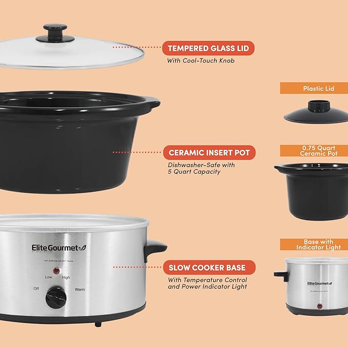 Elite Gourmet MST-500D Electric Slow Cooker, Includes 0.75-Quart Dipper with Adjustable Temp, Entrees, Sauces, Stews & Dips, Dishwasher Safe Glass Lid & Crock, 5 Quart, Stainless Steel