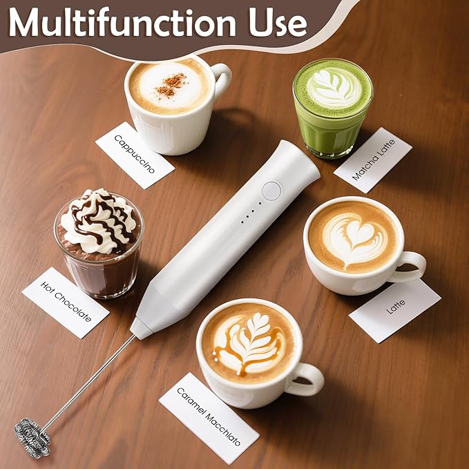 Milk Frother - Electric Handheld Milk Foam Maker with 2 Stainless Steel Whisk, Rechargeable 3 Speeds for Coffee Lattes Cappuccino Matcha