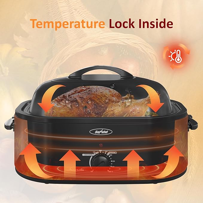 Sunvivi Electric Roaster,20 Quart Roasting Oven with Self-Basting Lid Removable Pan,Turkey Roaster Oven with 150 to 450F Temperature Control Cool-Touch Handles,Black