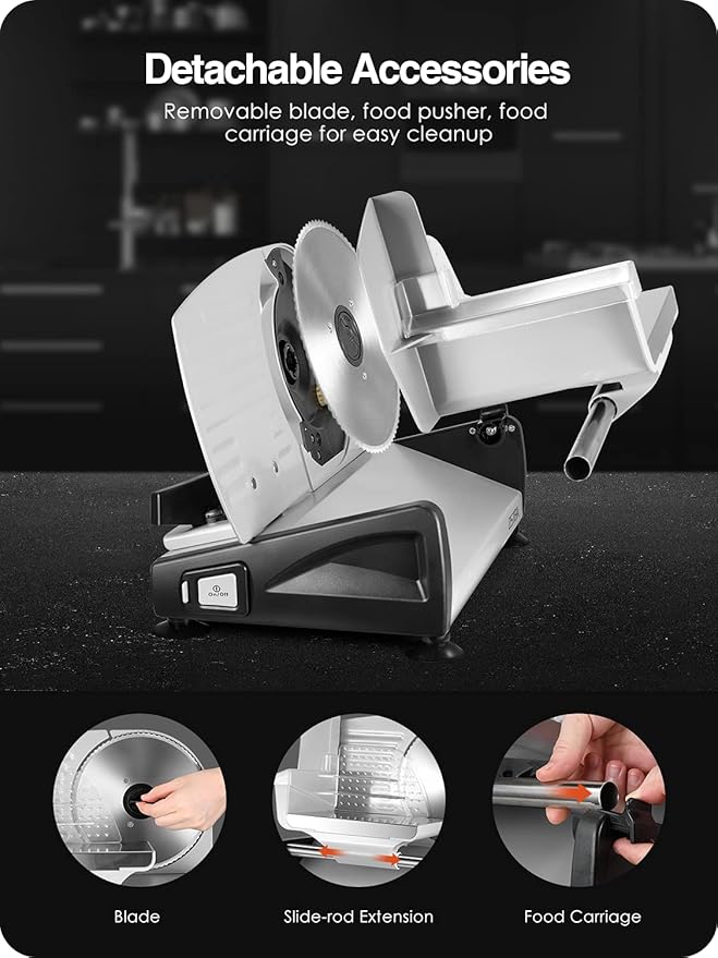 Meat Slicer 200W Electric Deli Food Slicer with 2 Removable 7.5" Stainless Steel Blade, Adjustable Thickness for Home Use, Child Lock Protection, Easy to Clean, Cuts Meat, Bread and Cheese
