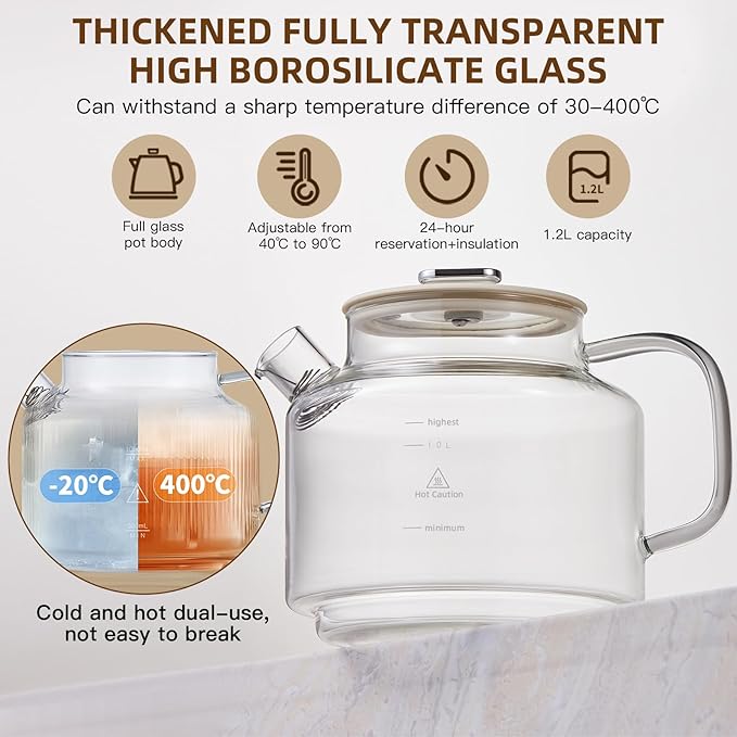 1.2-liter glass-bodied electric kettle, ideal for brewing coffee, preparing formula, and heating tea. Features adjustable temperature settings (Beige model).