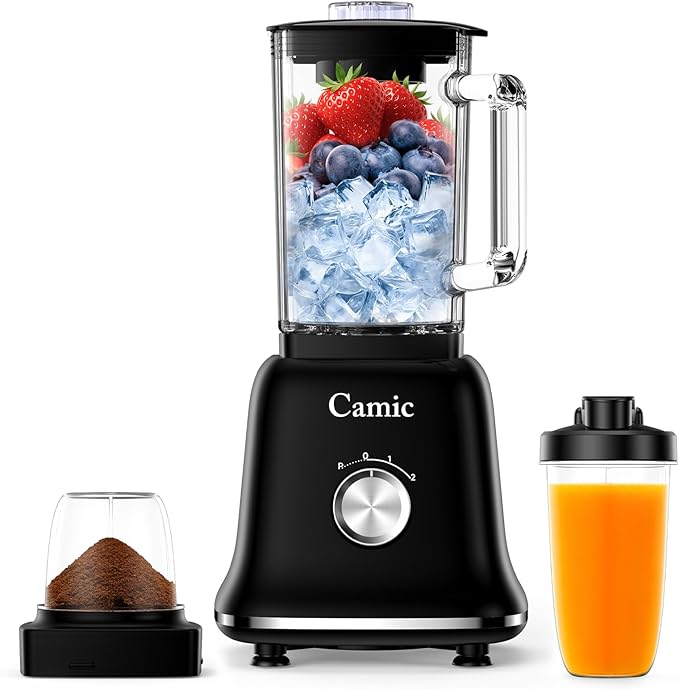 Camic 750W Professional Blender,6-Cup Glass Jar Blender for Smoothies and Shakes with 6 Sharp Stainless Steel Blades,Ice Crush Function,for Juice,Puree, Soup(Black)