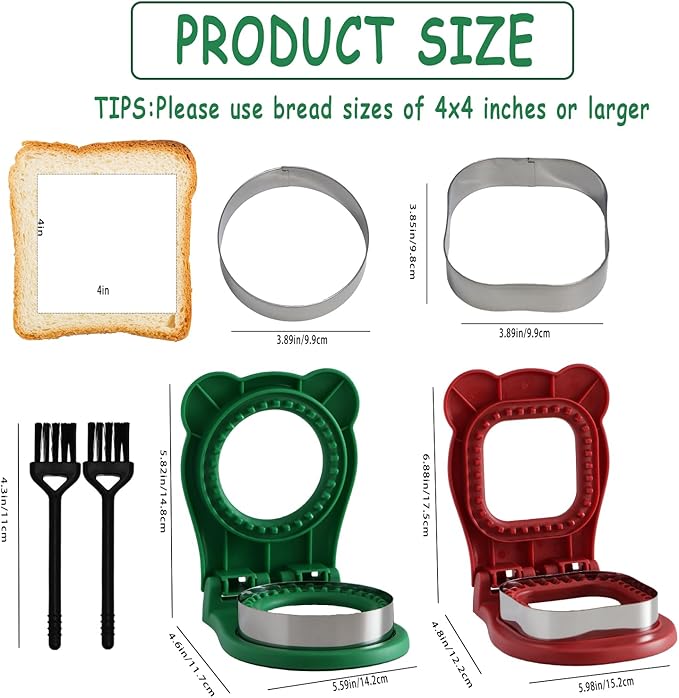 2Pcs Sandwich Cutter and Sealer,Round&Square Uncrustable Sandwich Maker with Seal Edge,Crustless Sandwich Cutter with Brush,Sandwich Sealer for DIY Breakfast Lunch Picnic(Red S+Green R)