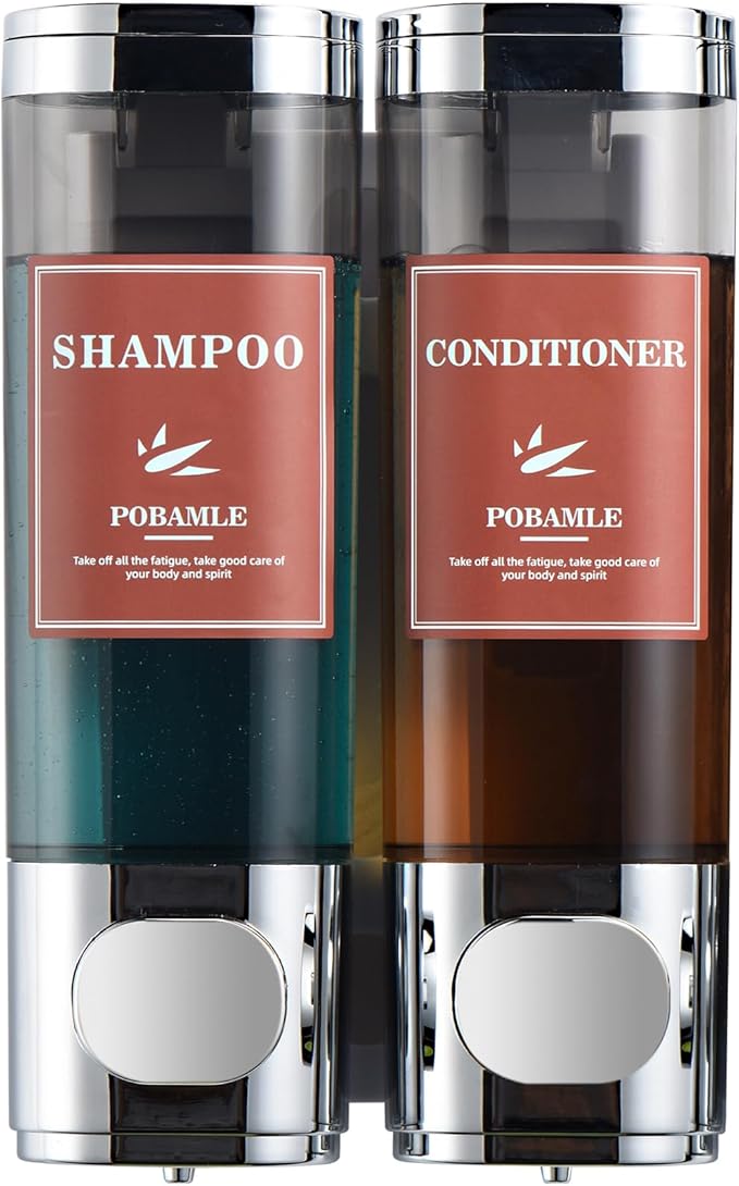 Shampoo and Conditioner Dispenser Wall Mounted Shower Soap Dispenser No Drill Shampoo Dispenser for Shower 2 Chamber Bathroom Body Wash Shower Gel Holder Chrome