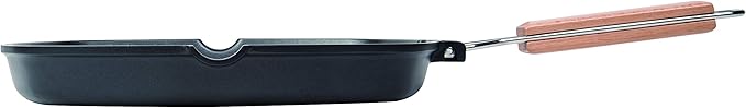 MasterPan Non-Stick Grill Pan with Folding Wooden Handle, 8", Black and Brown