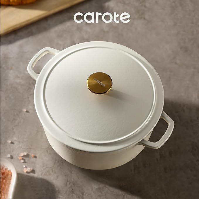 CAROTE Cast Iron Dutch Oven Pot with Lid, Enameled Dutch Oven for Sourdough Bread Baking, Dual Handles, Heavy-Duty Cast Iron Pot, 5QT, White