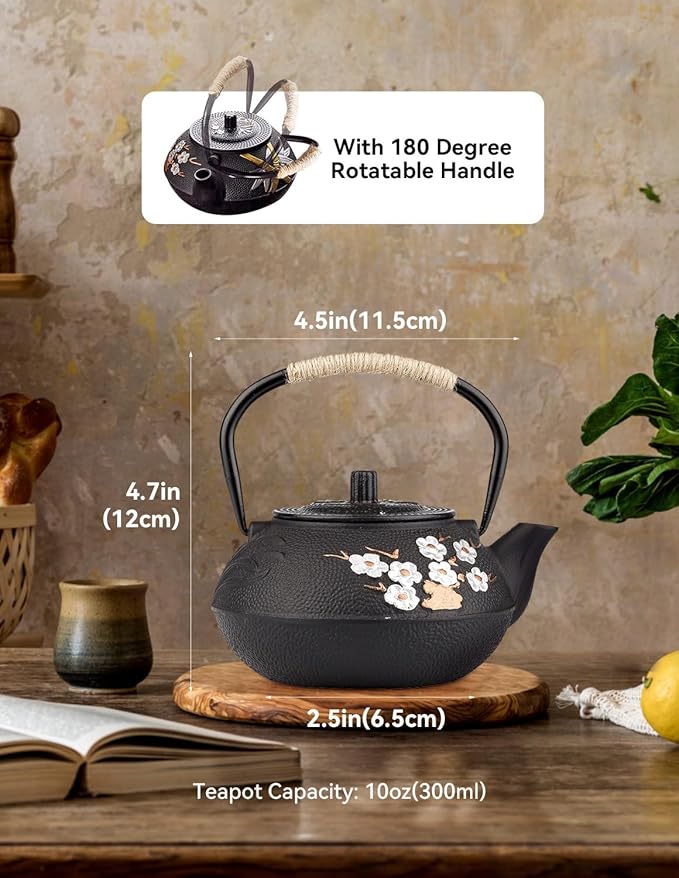Japanese Cast Iron Teapot with Infuser, Plum Blossom Design, 300ml Capacity, Black, Stainless Steel Infuser, Stovetop Safe