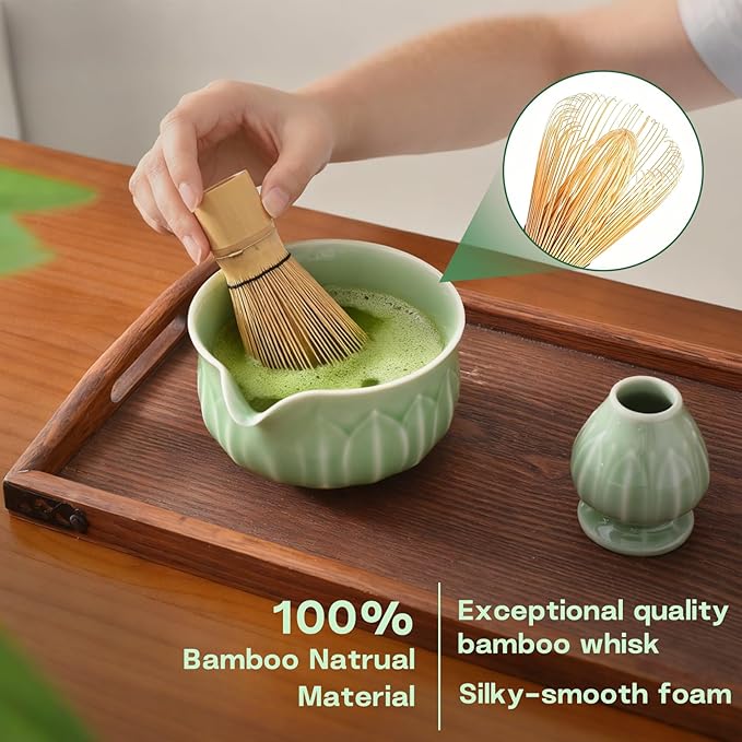 ZentButCool Matcha Set Includes Ceramic Matcha Bowl, Bamboo Whisk (Chasen), Scoop, Stainless Steel Matcha Sifter, And Whisk Holder (White)