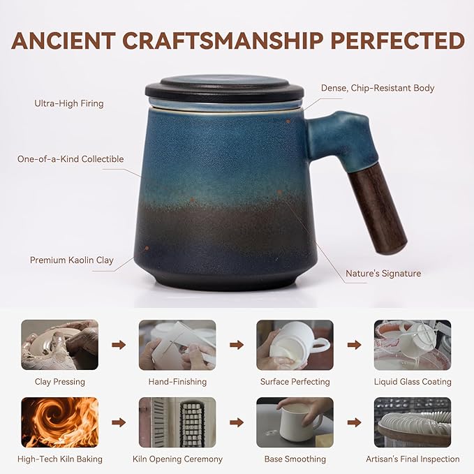 Tea Cup with Infuser and Lid 12.5oz - Kiln-Transformed Ceramic Mug with Antique Blue Gradient, Wood Handle Loose Leaf Tea Set, Anniversary Birthday Gift
