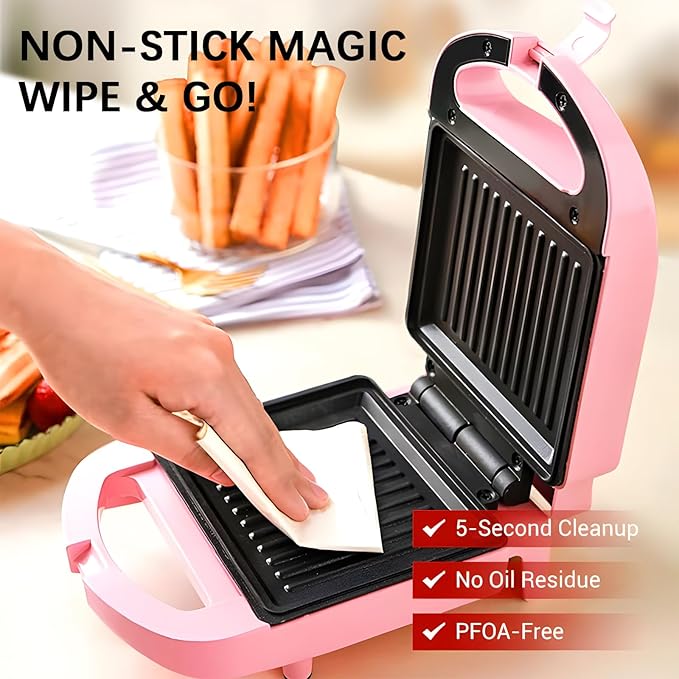Sandwich Maker, Household Multi-Functional Breakfast Griller, Dual Non-Stick Plates, Fast Heating Electric Omelet, French Toast Panini Press, Tuna Melts, Cool Touch Handle for Camping Barbecue (Pink)