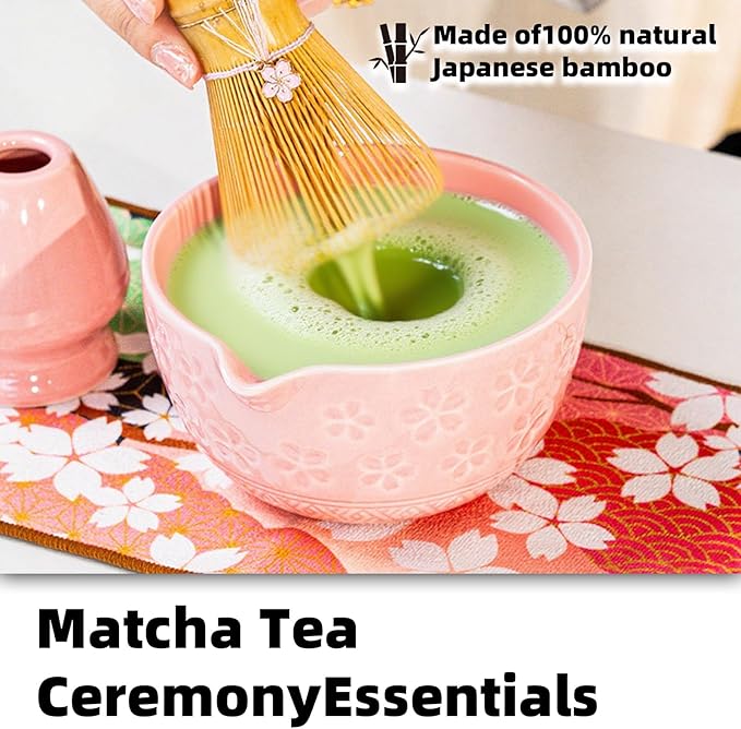 Matcha Whisk and Bowl Set, 8 PCS Pink Matcha Kit Includes Bowl with Spout, Whisk,Holder,Bamboo Scoop and Sifter, Unique Gift for Matcha Lovers (Pink)