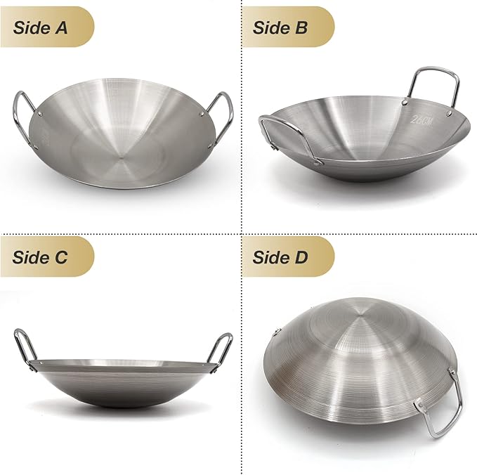 MDEOOSKY 26cm/10.23in Wok Thickened Stainless Steel Wok Pan Dual-Handled Frying Pan for Chinese Style Stir-Fry, Restaurant, Stove Top