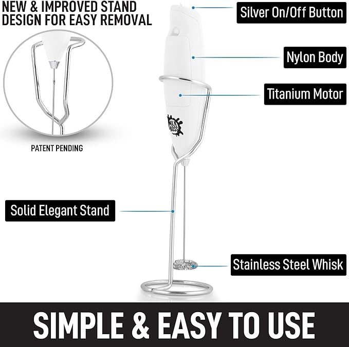 Milk Boss Matcha Whisk - Handheld Electric Stirrer - Frother Wand & Drink Mixer - Durable Stainless Steel - White Ultra Stand