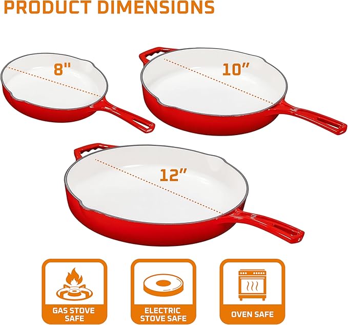 Bruntmor Enameled Cast Iron Skillet Set of 3-8, 10, and 12-Inch Non Stick Frying Pans with Tempered Glass Lids - Versatile Cast Iron Cookware Set for Casserole - Grill Pan for All Stovetops - Red