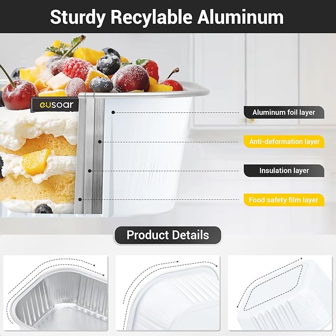 EUSOAR Disposable Ramekins with Lids, 10oz 100pcs Aluminum Foil Baking Cups, Creme Brulee Cups, Muffin Cups for Baking, Square Cupcake Pans, Mini Cake loaf Bread Containers