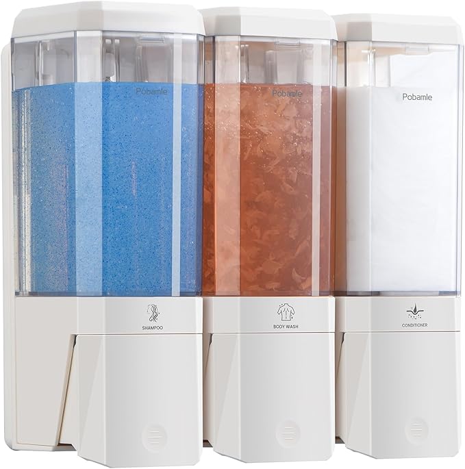 Shampoo and Conditioner Dispenser Wall Mounted, Shower Soap Dispenser No Drill Upadate Easy Slot Install, Shampoo Dispenser for Shower Bathroom Large Capacity 500ml * 3 Chamber Holder White Self