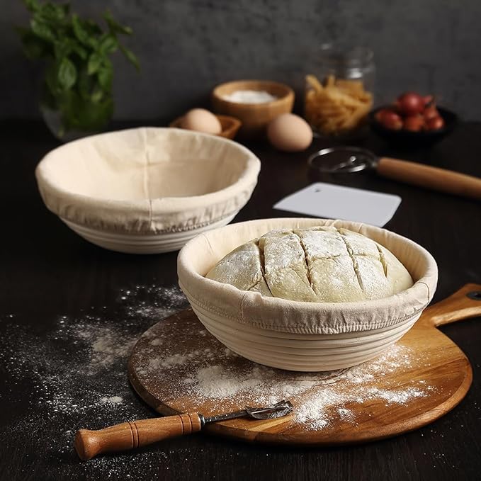 Saint Germain Bakery Premium Round Bread Banneton Basket with Liner - Perfect Brotform Proofing Basket for Making Beautiful Bread (9 inch)