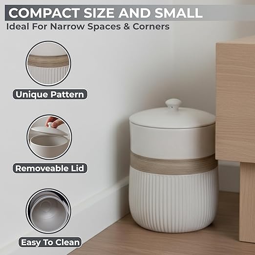 Escenzy Premium White Bathroom Trash Can with Lid 5L | 7" x 10" | Decorative Small Garbage Can | Luxury Ceramic Waste Basket for Bathroom, Bedroom, Kitchen, Hotels or Living Room Decor | Ideal Gift