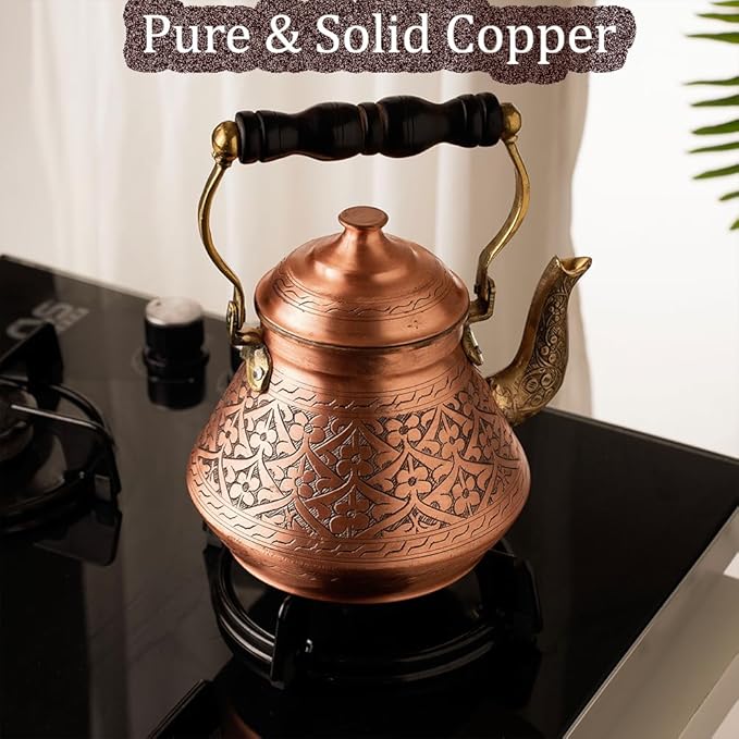 Vintage 100% Solid Pure Copper Turkish TeaPot Tea Kettle Pot for Stovetop Stove Top Traditional Decorative Fancy Arabic Moroccan Party Serving Kitchen Antique Handmade Unique Style Gooseneck Gift