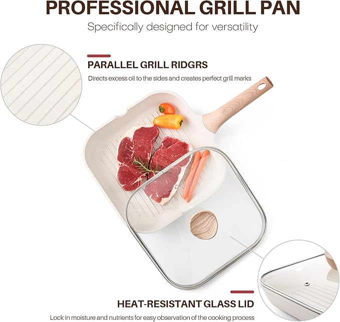 Nonstick Grilling Pan with Lid for Stove Tops, 11 Inch Square Grill Pan for Indoor Cooking, Healthy Coating Grill Skillet with Pour Spouts, Versatile Griddle, Induction Steak Pan, White